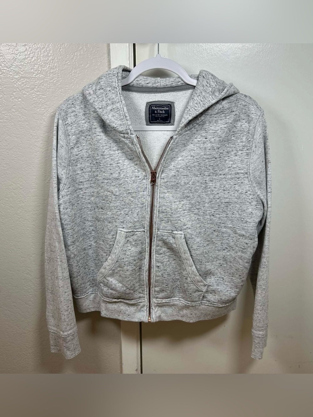Abercrombie & Fitch Women's Gray Heathered Full Zip Cropped Hoodie Pockets L